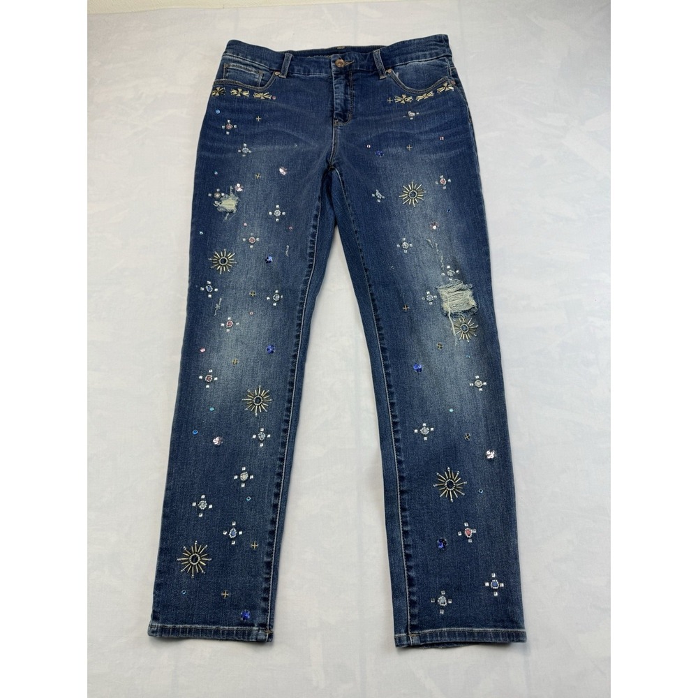 Chicos So Slimming Girlfriend Ankle Jeans 0 32 Waist Embellished Denim